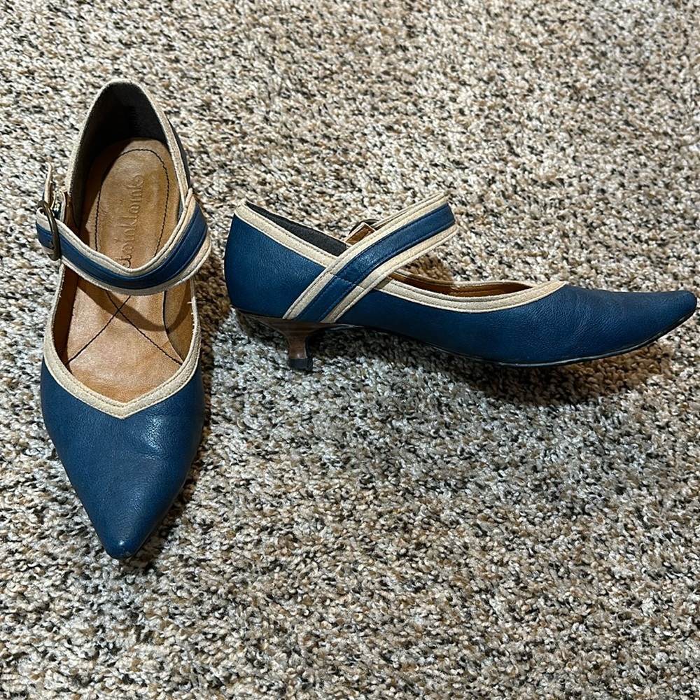 Blue and tan Mary Jane kitten heels